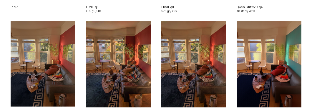 ERNIE Image Turbo q8 versus Qwen Image Edit 2511 q4 local wall-color edit comparison